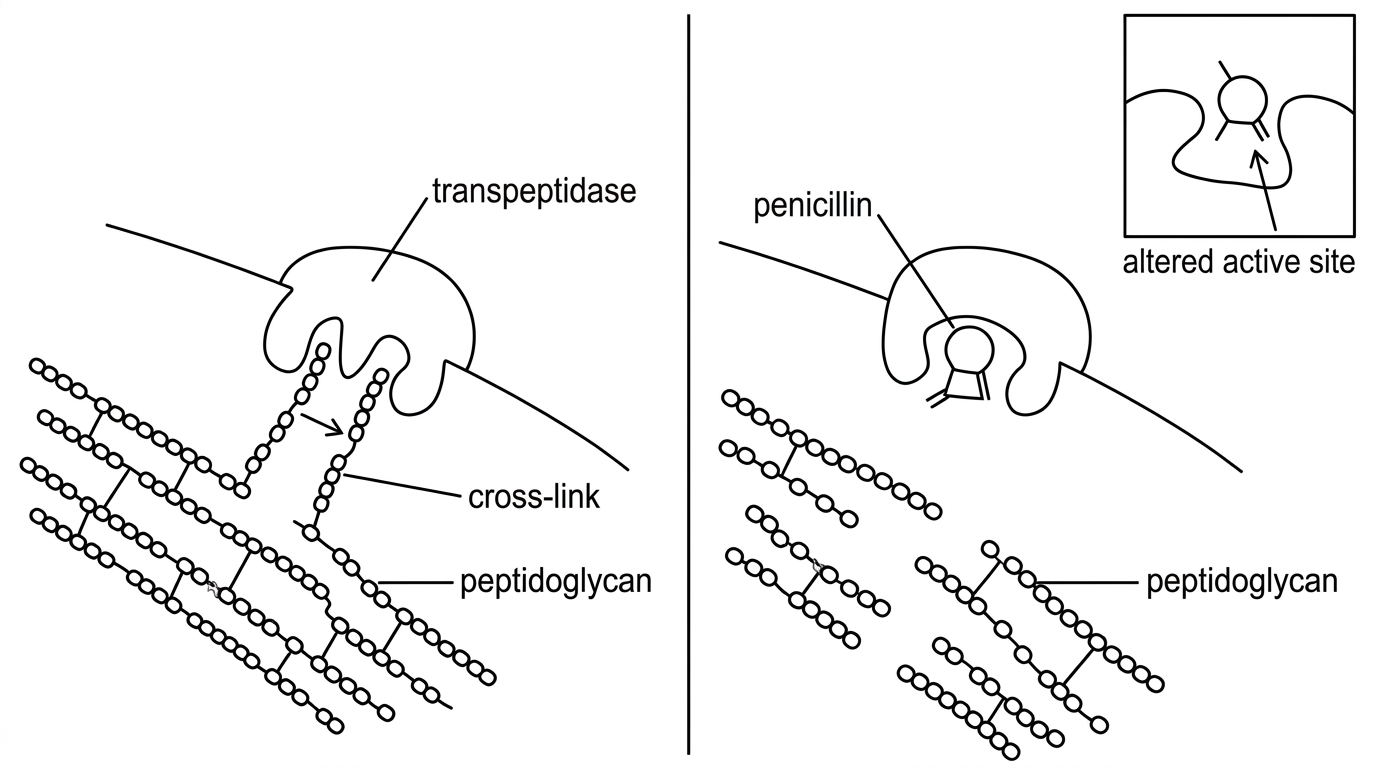 A two-panel diagram. The first panel shows normal transpeptidase with peptidoglycan substrates in its active site and cross-links forming in a bacterial cell wall. The second panel shows penicillin bound at the active site of transpeptidase and a weakened peptidoglycan wall with fewer cross-links. A separate small inset shows an altered active site in resistant transpeptidase with reduced penicillin binding.