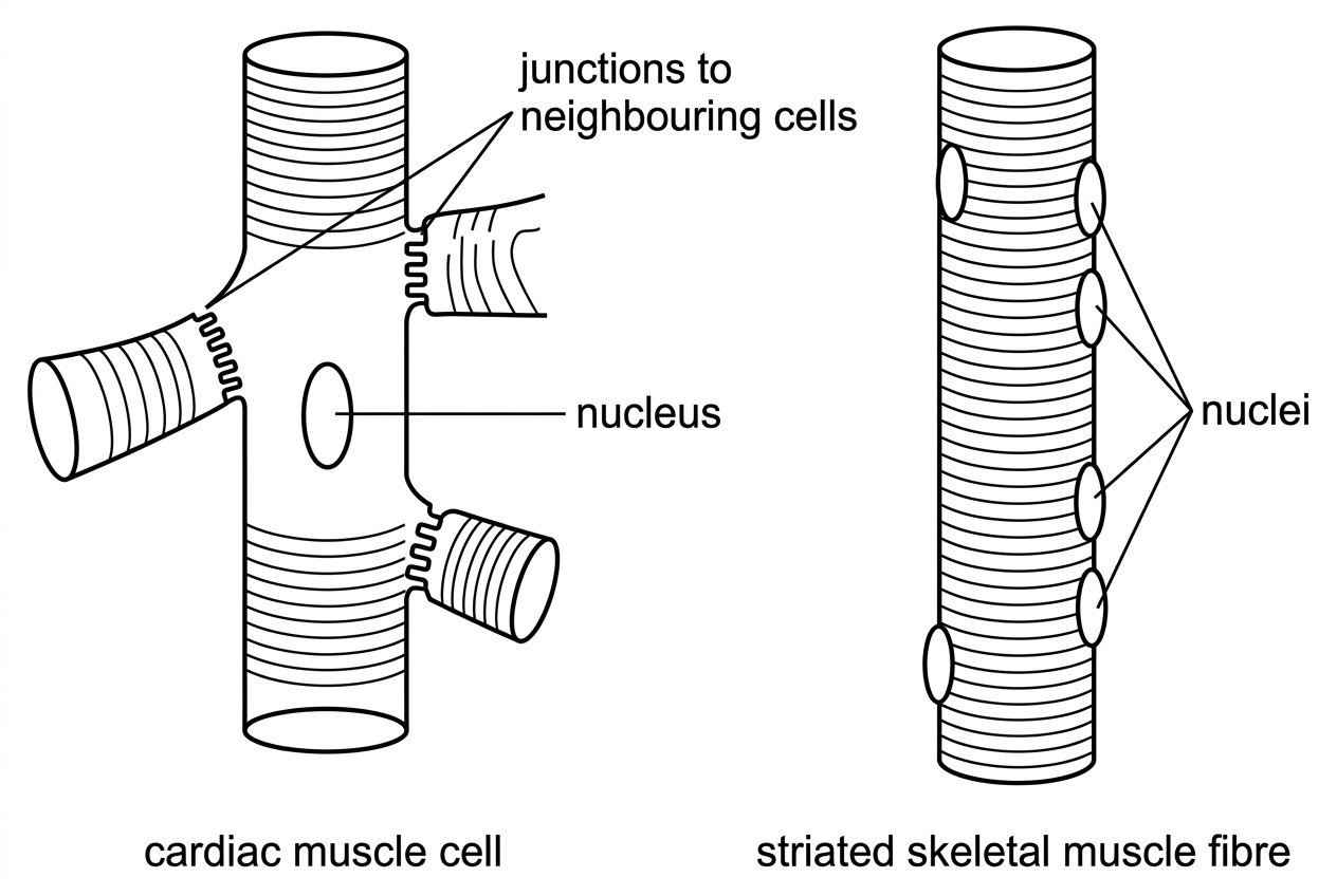 Two labelled drawings: a short branched cardiac muscle cell with one central nucleus and junctions to neighbouring cells, and a long unbranched striated skeletal muscle fibre with several nuclei. Striations are visible in both drawings, but no functional explanations are included.