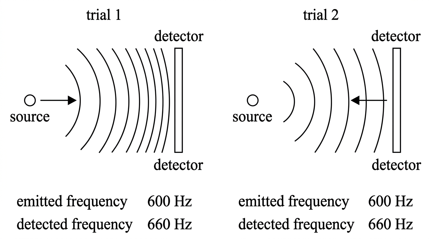 Two labelled schematic diagrams. Trial 1 shows a source moving towards a stationary detector with compressed wavefronts in front of the source. Trial 2 shows a stationary source with equally spaced wavefronts and a detector moving towards the source. The emitted and detected frequencies are stated beside each diagram.