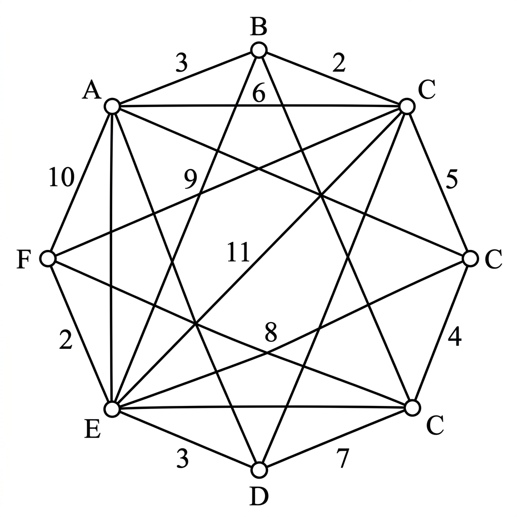 A weighted undirected network of the six laboratories, with every available fibre link labelled by its installation cost.