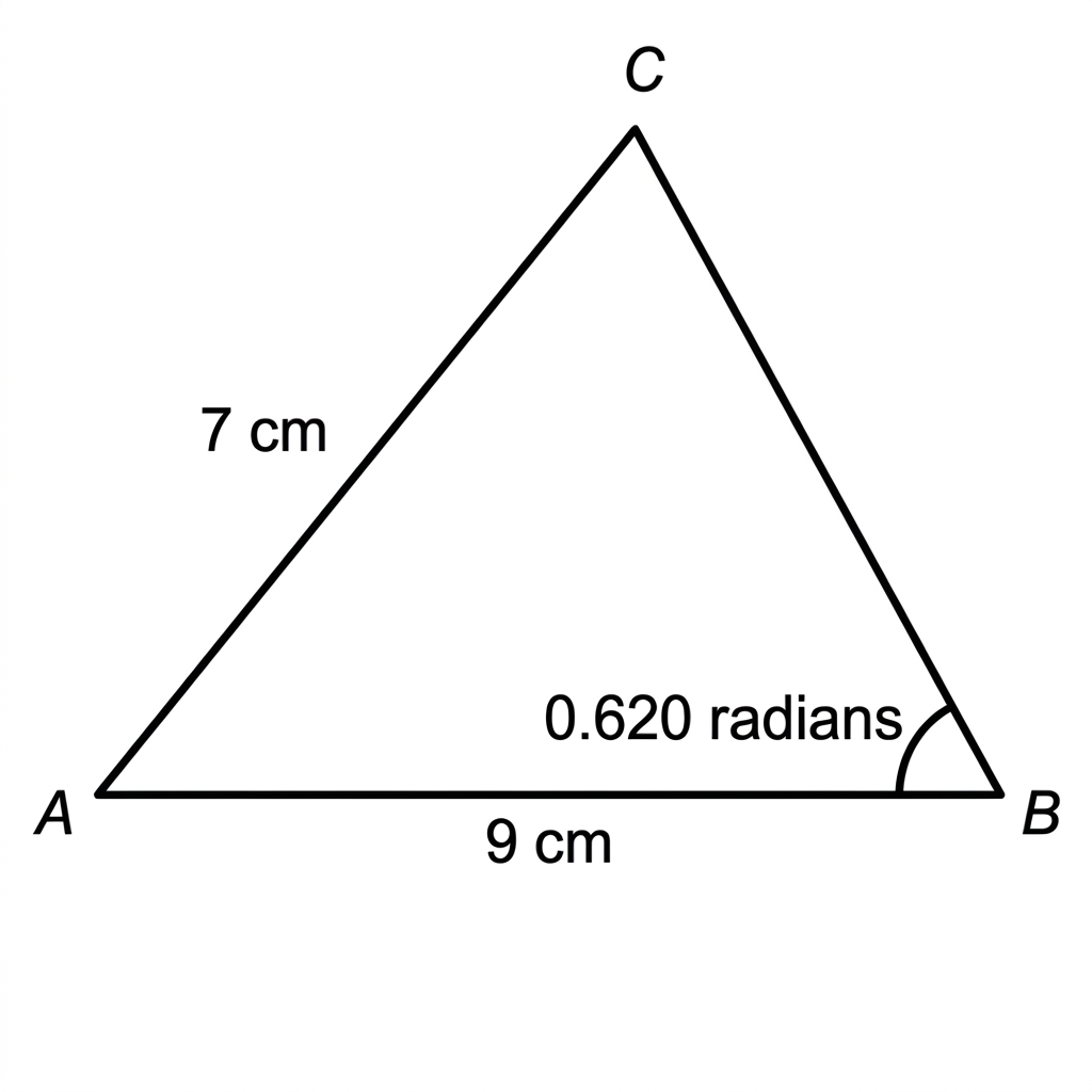Redraw a geometrically accurate non-right triangle showing one valid configuration only. Place $B$ and $A$ so that $AB=9\ \text{cm}$; from $B$, draw the ray $BC$ so that $\angle ABC=0.620$ radians, and choose the nearer intersection of this ray with the circle centered at $A$ of radius $7\ \text{cm}$, giving $AC=7\ \text{cm}$. Label $A$, $B$, $C$, $AB=9\ \text{cm}$, $AC=7\ \text{cm}$, and the angle at $B$. The angle at $B$ should appear approximately $35.5^\circ$, not $61^\circ$. Do not show the second possible position explicitly, and draw the figure to scale as far as practical.
