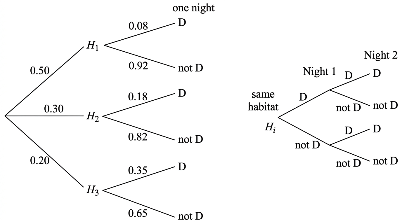 A three-branch probability tree for habitat followed by detection or no detection on one night. A second small panel indicates two nights in the same habitat with independent detection branches.