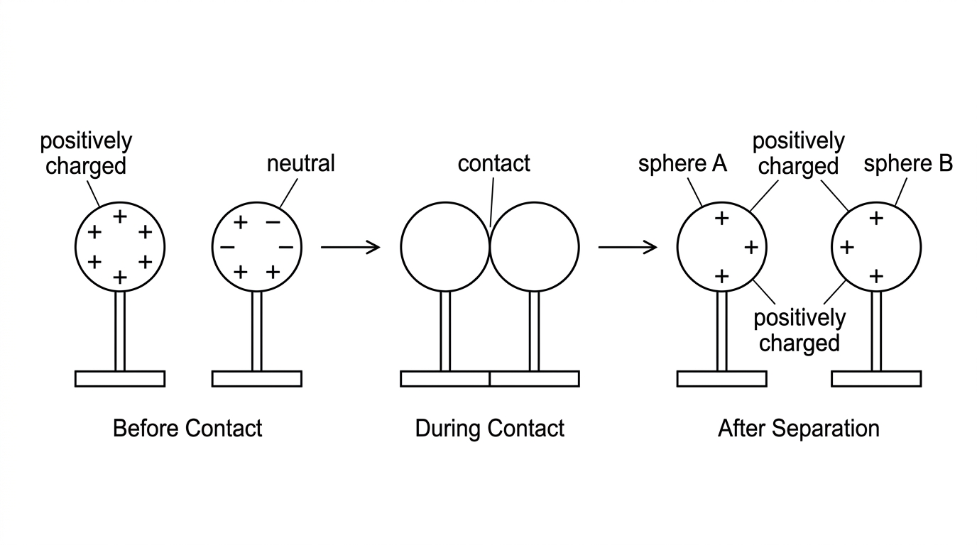 Two identical conducting spheres on insulating stands, one initially labelled positively charged and the other neutral, shown before contact, during contact, and after separation.