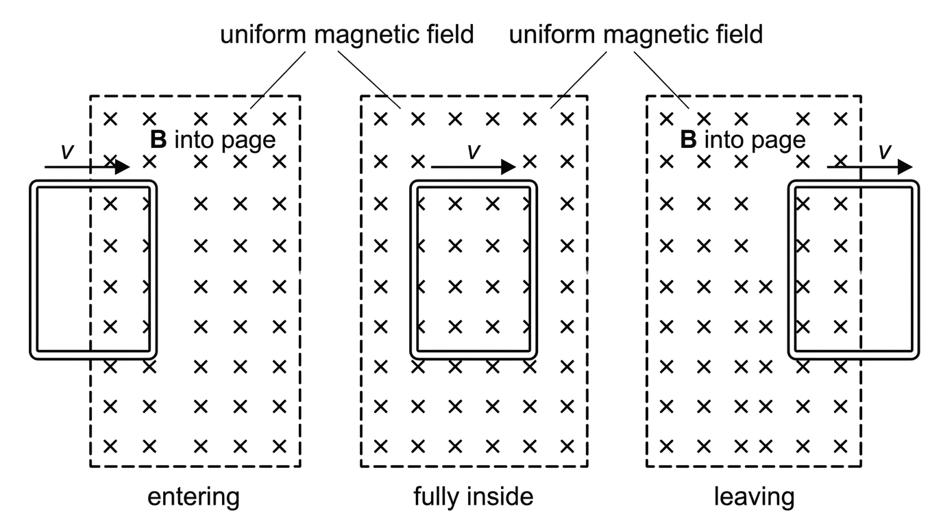 Sequence diagram showing a rectangular coil entering, fully inside, and leaving a uniform magnetic-field region, with velocity and field direction labelled.