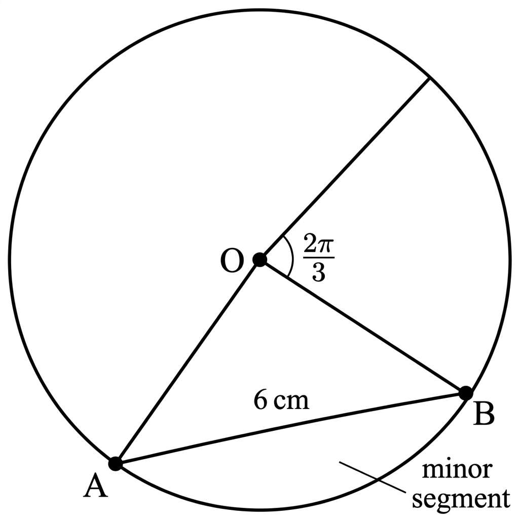 A circle with centre $O$ and chord $AB$. Only the radii $OA$ and $OB$ are drawn from $O$; neither ray is extended through $O$. An angle arc labelled $2\pi/3$ is drawn between the rays $OA$ and $OB$, representing $\angle AOB=2\pi/3$. The chord $AB$ is labelled $6\text{ cm}$. The minor segment between chord $AB$ and the minor arc $AB$ is indicated.