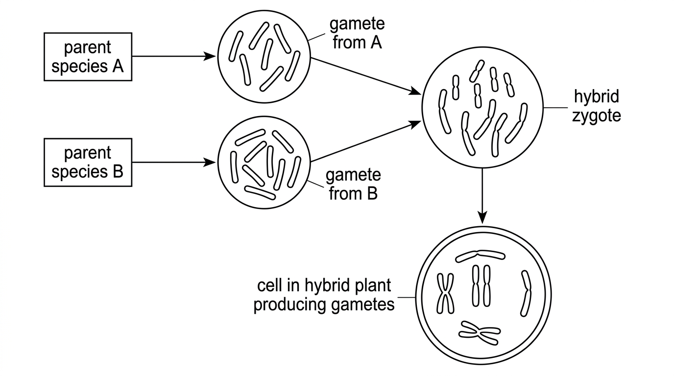Diagram showing gametes from two parent plant species with different haploid chromosome numbers fusing to form a hybrid zygote; homologous pairing during gamete formation is represented schematically but not labelled with the explanation.