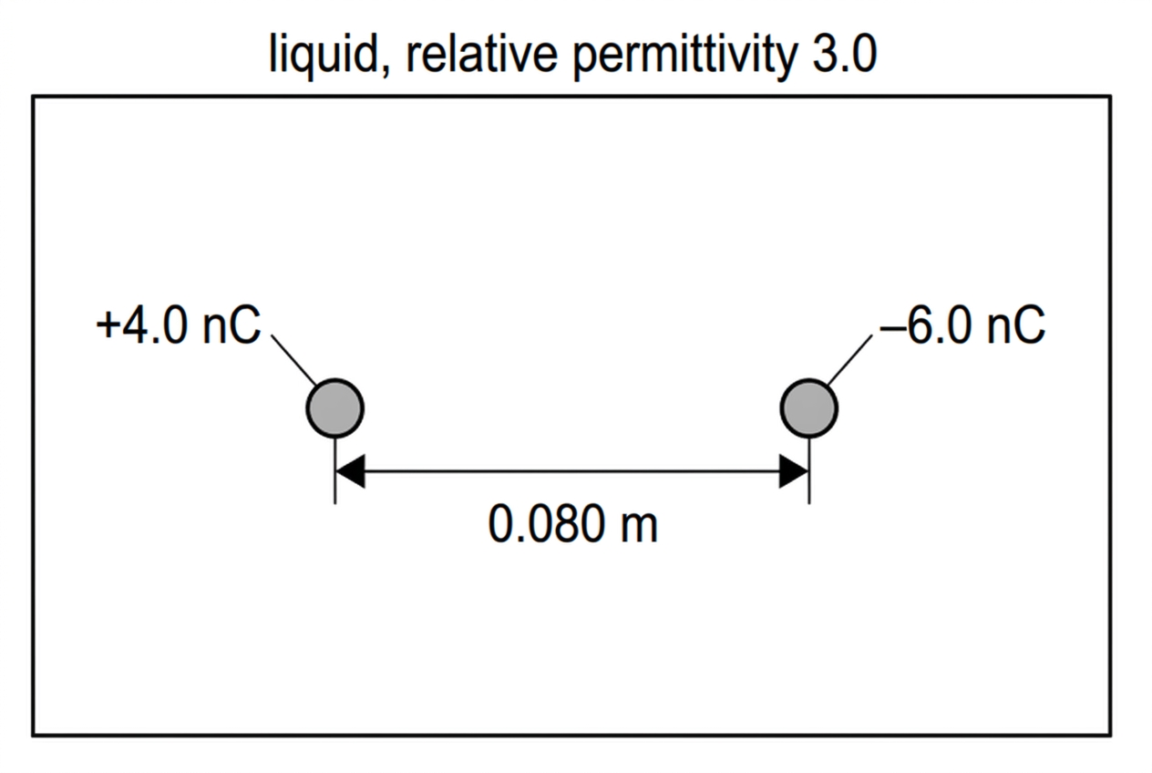 A simple horizontal line diagram showing two small spheres separated by a labelled distance. The left sphere is labelled with a positive charge and the right sphere with a negative charge. The liquid medium is indicated by a lightly shaded rectangular region surrounding both spheres. No force arrows are shown.