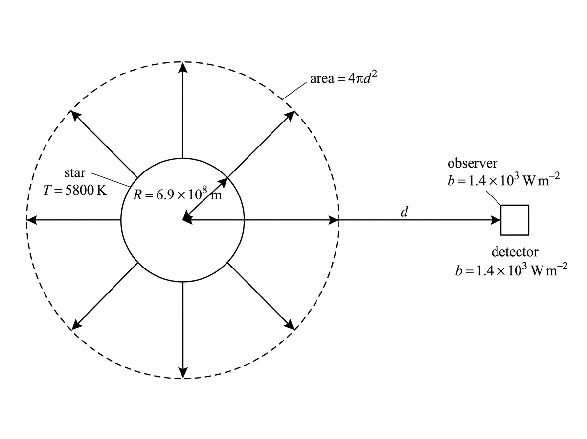 A star radiating uniformly into space with a distant observer or detector. The star radius is indicated, and a large spherical wavefront centred on the star is shown to represent radiation spreading over area $4\pi d^2$.