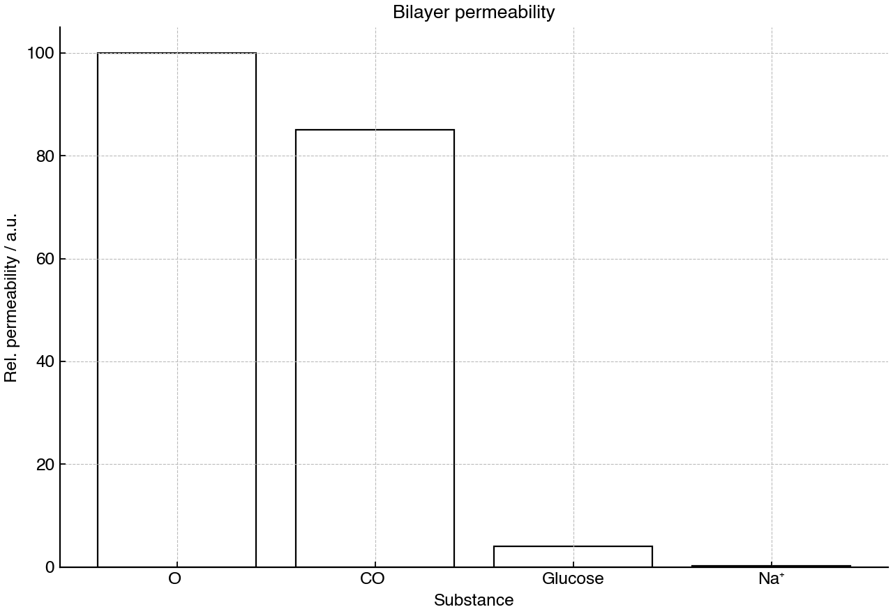 Relative permeability of a pure phospholipid bilayer to four substances.