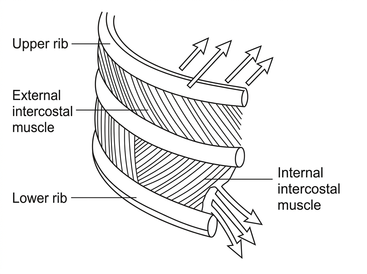 A diagram of part of the ribcage showing two adjacent ribs with external intercostal muscle fibres running in one oblique direction and internal intercostal muscle fibres running in the opposite oblique direction. Arrows should indicate possible upward-and-outward and downward-and-inward rib movements, but the diagram should not label inhalation or exhalation.