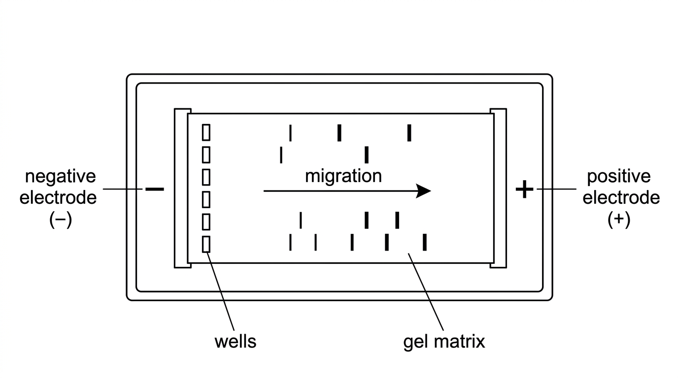 Simple gel electrophoresis apparatus with wells at one end, negative electrode near wells, positive electrode at the opposite end and DNA fragments migrating through a gel matrix.