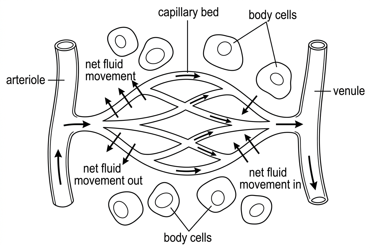 A simplified labelled diagram of a capillary bed connecting an arteriole to a venule. Arrows show blood flow from arteriole through capillaries to venule. Small arrows leaving the capillary wall near the arteriole end indicate fluid release, and smaller arrows entering the capillary near the venule end indicate fluid reuptake. Surrounding body cells are shown in the tissue space. No explanatory labels about pressure or composition are included.