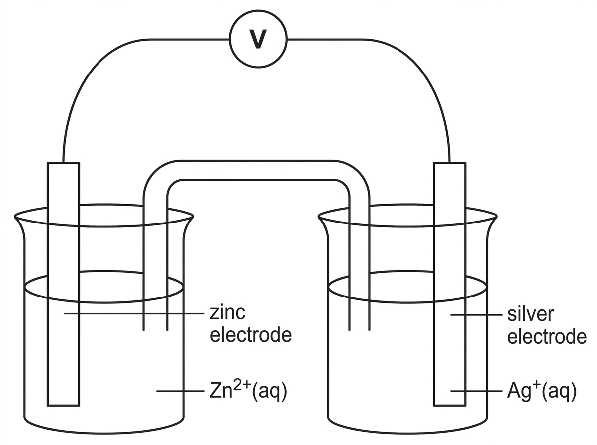 A labelled but incomplete voltaic cell diagram with two beakers connected by a salt bridge and an external wire through a voltmeter. The left beaker contains a zinc electrode in zinc ion solution and the right beaker contains a silver electrode in silver ion solution. Space should be available for students to label electron flow and ion movement; do not include these arrows.