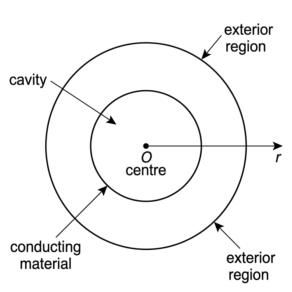 Cross-section of a charged hollow conducting spherical shell with cavity, conducting material, outer surface and exterior region labelled; optional radial axis for r from centre.