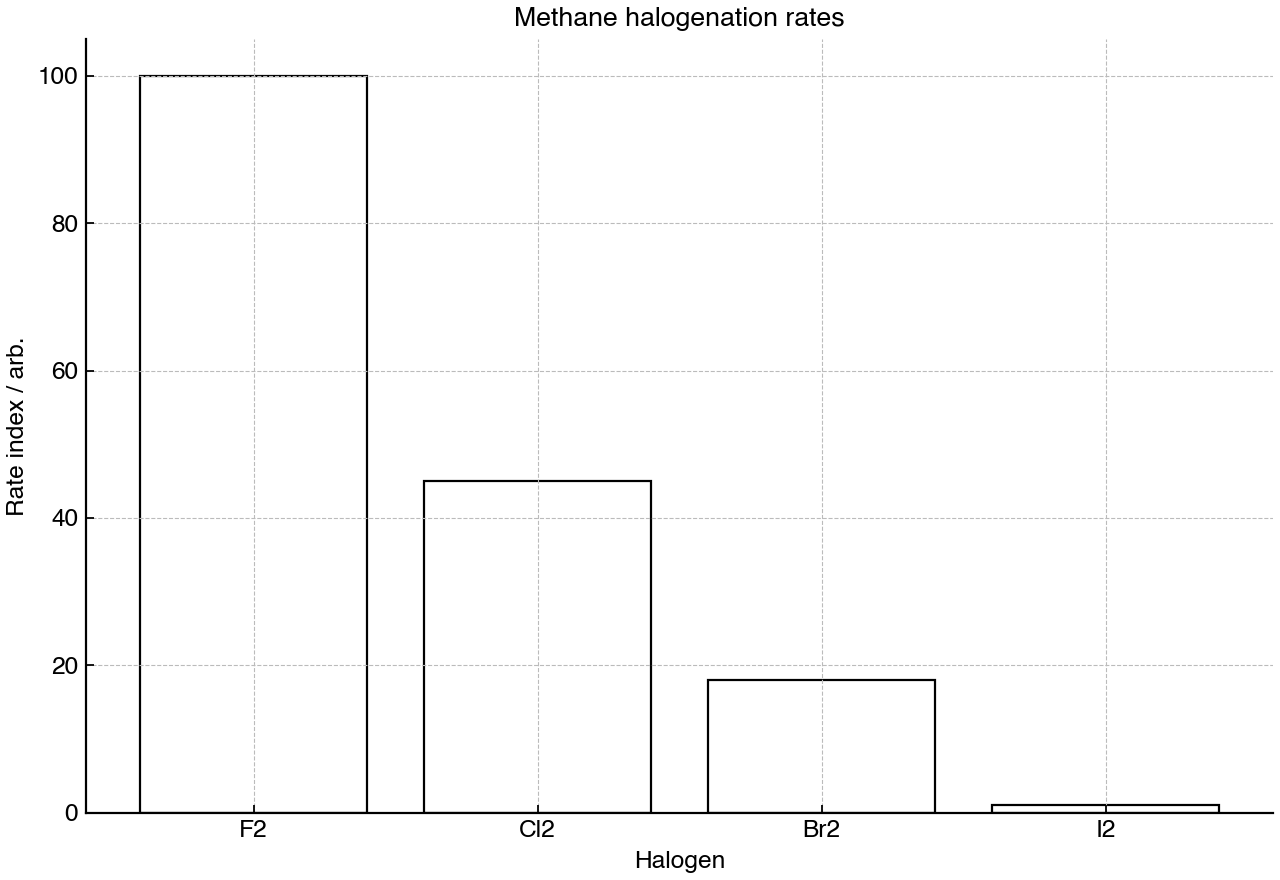 Bar chart showing relative rate indices for radical reaction of methane with four halogens.
