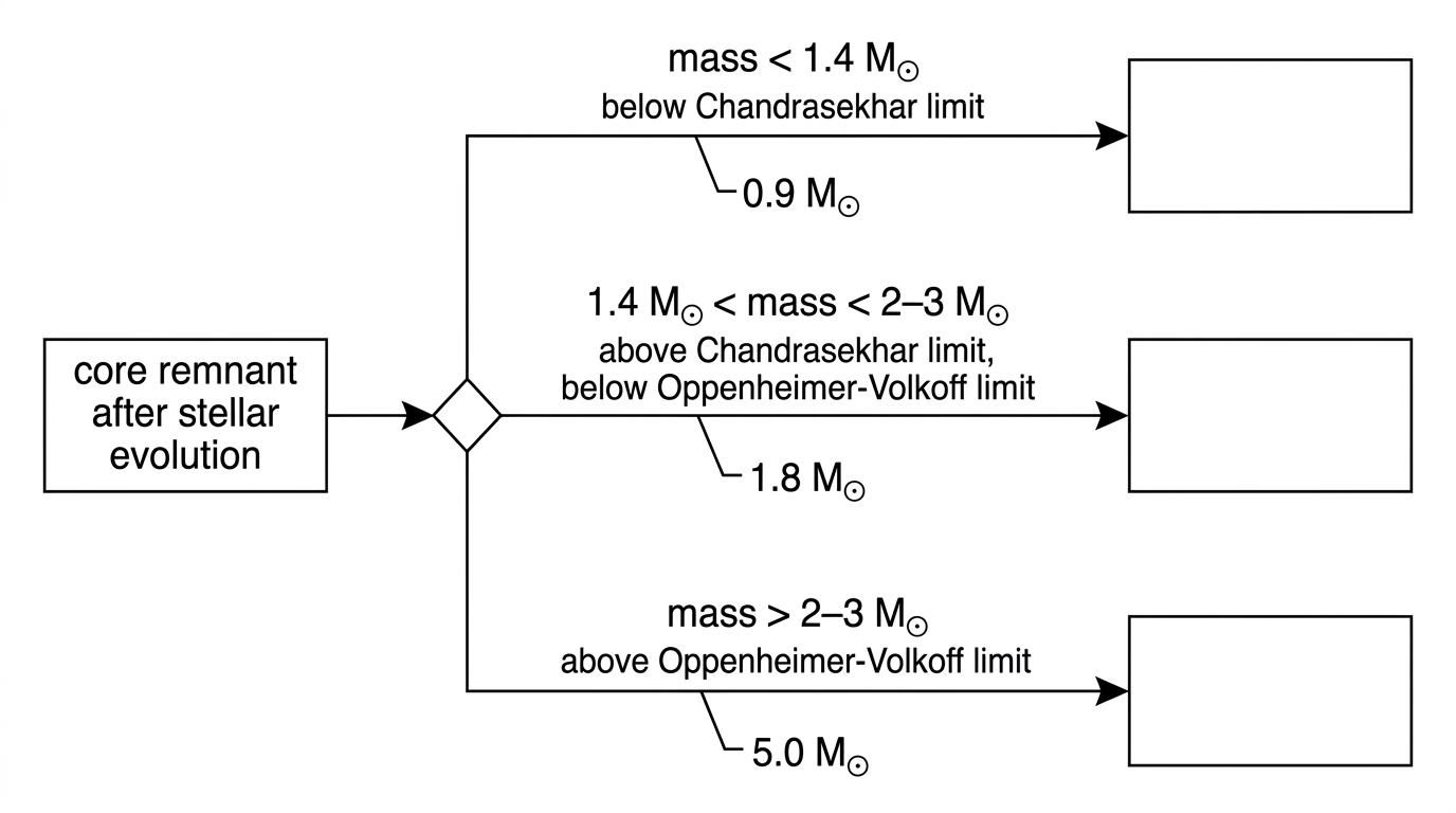 Flowchart for stellar remnants. It begins with core remnant after stellar evolution and branches according to remnant mass. The branch labels refer qualitatively to below Chandrasekhar limit, above Chandrasekhar but below neutron-star limit, and above neutron-star limit. The final boxes are blank for student interpretation and no answers are displayed.