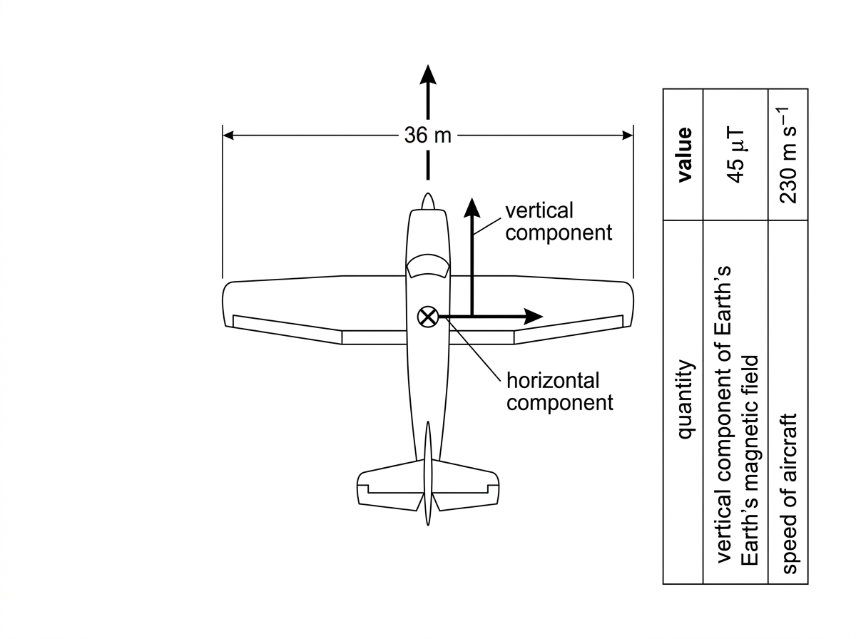 Annotated plan-view diagram of an aircraft flying horizontally, with labelled wingspan and direction of motion, and Earth magnetic-field components. The vertical field component is perpendicular to the plane of the page and the horizontal component lies in the plane of the page. A small table gives the vertical and horizontal field components and the aircraft speed, with units.