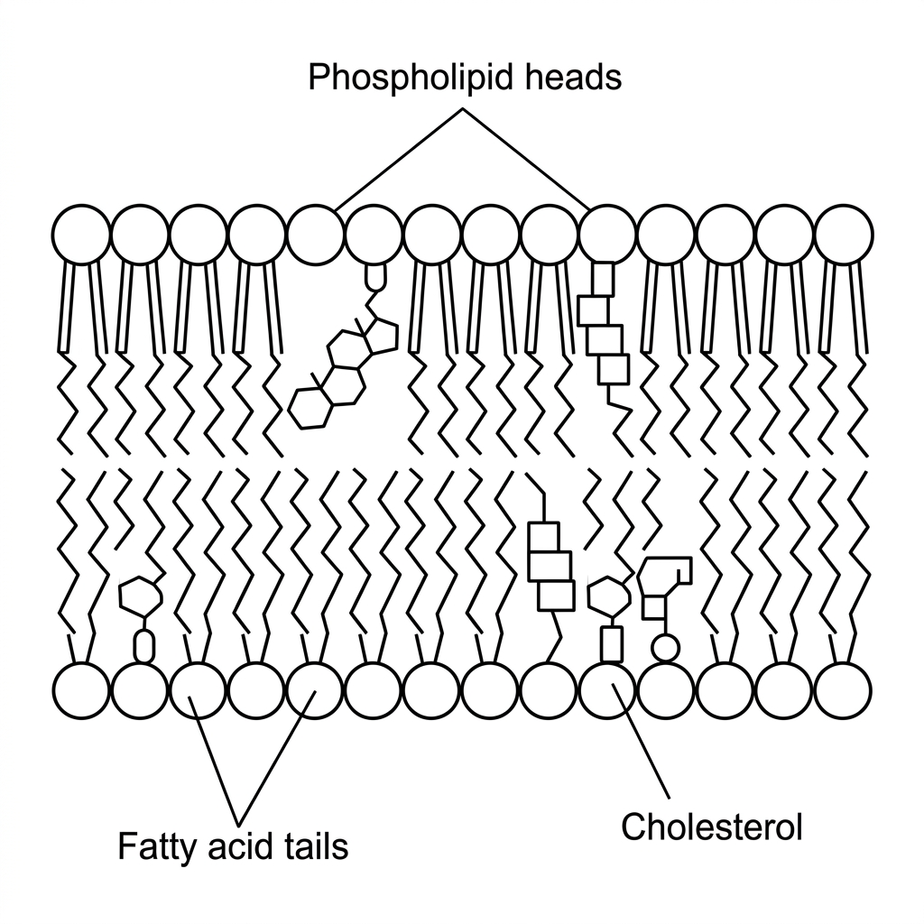 A cross-section of a phospholipid bilayer with cholesterol molecules inserted among the fatty acid tails. Each cholesterol molecule is shown with a small hydrophilic end positioned near phospholipid heads and a larger hydrophobic steroid region positioned within the tail region. Labels identify phospholipid heads, fatty acid tails and cholesterol, but do not describe cholesterol's effect on fluidity.
