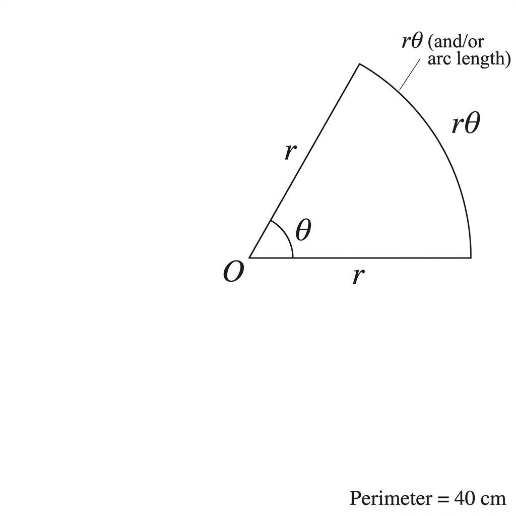 A sector of a circle with radius r, central angle theta radians and arc length indicated. The perimeter is described as the two radii plus the arc length.