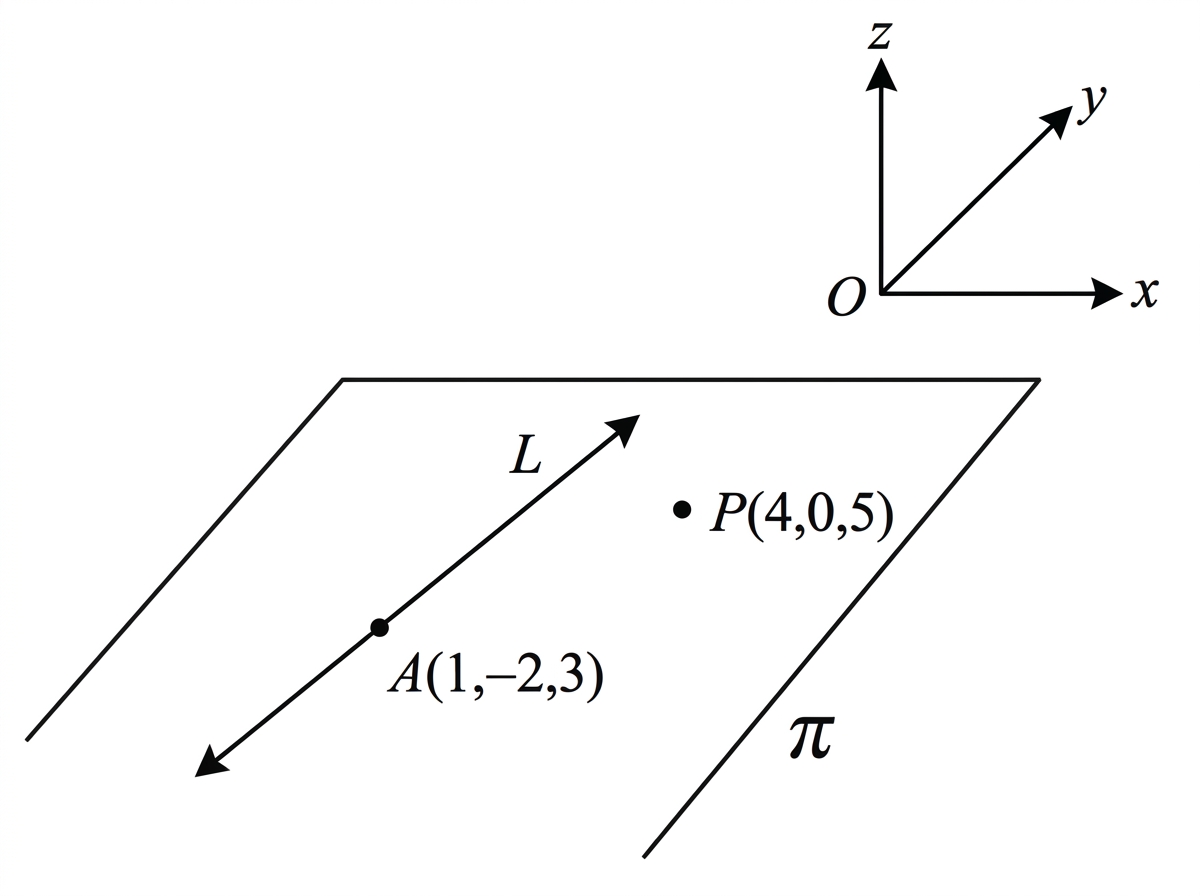 A three-dimensional sketch showing a plane containing a labelled line L and a labelled point P not on the line. The direction of L should be indicated, with no normal vector or angle values shown.