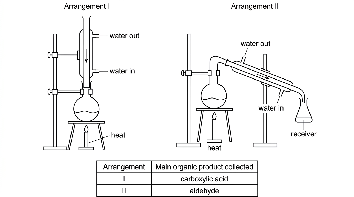 Side-by-side apparatus diagrams labelled Arrangement I and Arrangement II: one shows heating with a vertical condenser returning liquid to the flask; the other shows heating with a sloping condenser leading to a receiver. Include a small table listing product type as aldehyde for the distillation arrangement and carboxylic acid for the reflux arrangement, without naming the apparatus.
