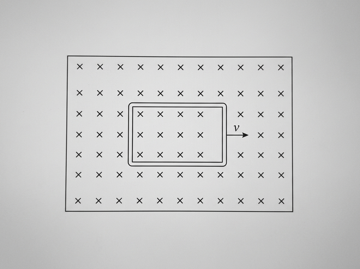 Top-view diagram showing a single rectangular conducting loop completely inside a rectangular shaded region of uniform magnetic field directed into the page. Use cross symbols to show field into the page throughout the region. Show one clear arrow indicating the loop is being pulled horizontally at constant speed. Ensure the loop is fully within the field boundary and do not include any second or overlapping loop outline.