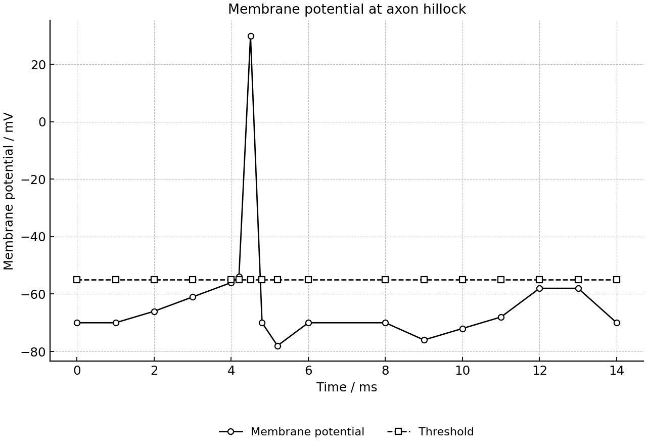Membrane potential at the axon hillock over time.
