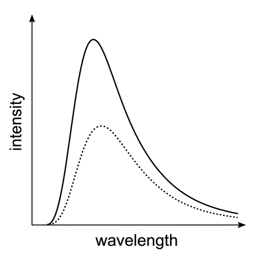 A graph with vertical axis labelled intensity and horizontal axis labelled wavelength. Include a dotted black-body spectrum curve as a reference. Draw the solid curve with a higher maximum than the dotted curve, a larger area under the curve, and its peak shifted to a shorter wavelength. Keep styling, axes and curve thickness comparable with the other options.