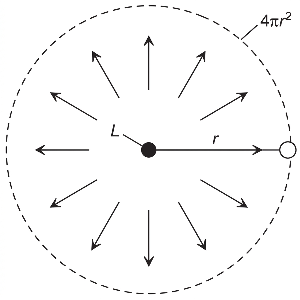 A star at the centre of an imaginary sphere passing through the orbit of a planet. Label the star luminosity $L$, orbital radius $r$, and radiation spread over area $4\pi r^2$.