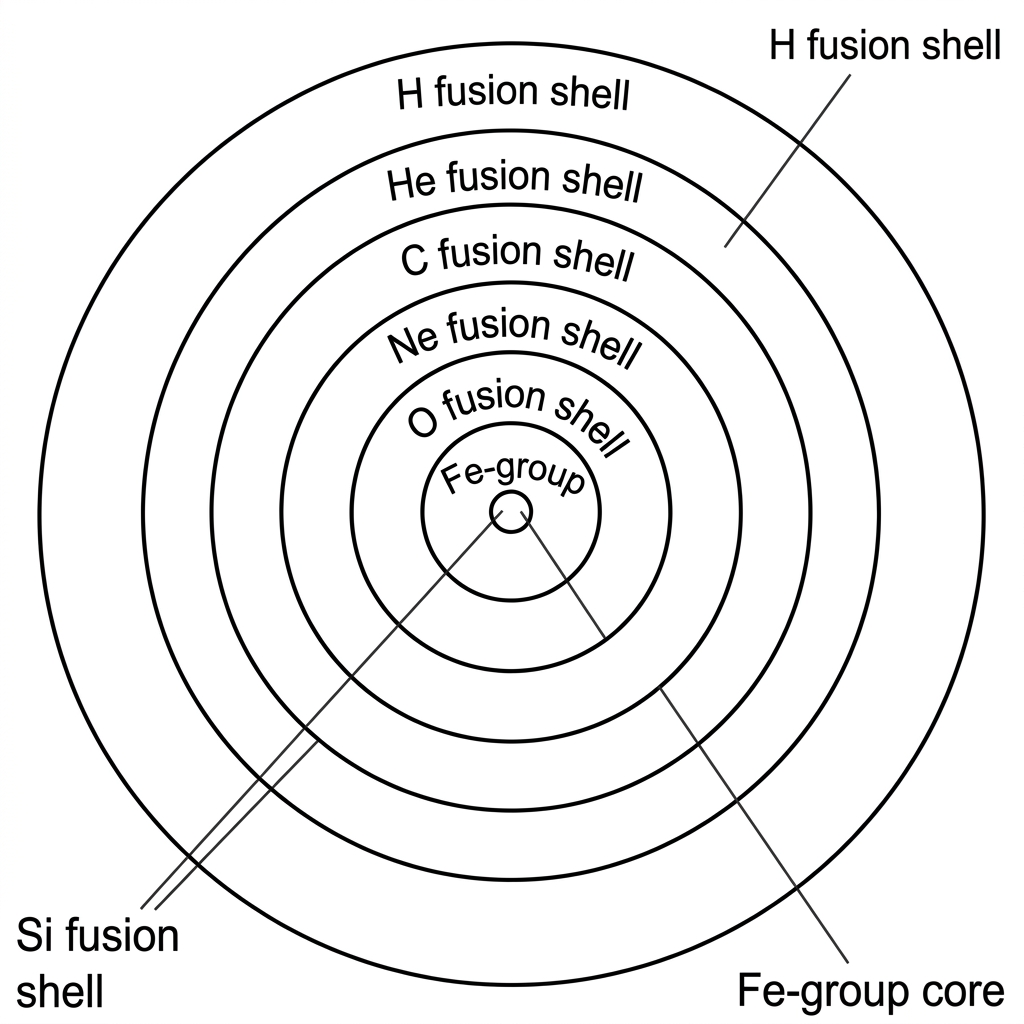 Cross-section of an evolved high-mass star with concentric shells labelled by lighter-element fusion in outer shells and heavier elements nearer the centre; labels should not include the answer about energy release.