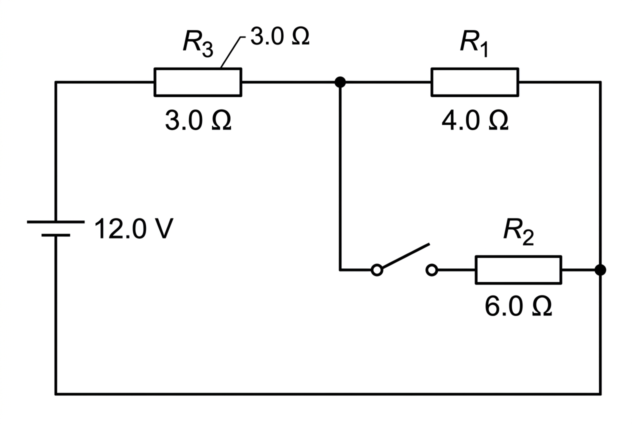 A circuit diagram showing an ideal dc supply connected to a series resistor labelled $R_3$ and then to two parallel branches labelled $R_1$ and $R_2$. A switch is in series with the $R_2$ branch only. The component values and supply voltage are labelled.