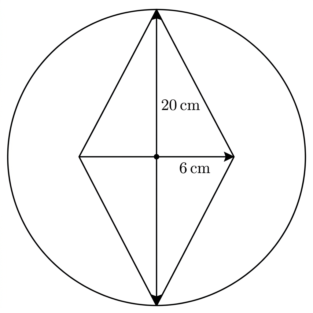 Two identical cones joined base-to-base to form a bicone. The common base has radius $6\text{ cm}$, the total vertex-to-vertex length is $20\text{ cm}$, and a surrounding sphere centred at the common base centre touches the two vertices. The circular base rim lies inside the sphere and does not touch it.