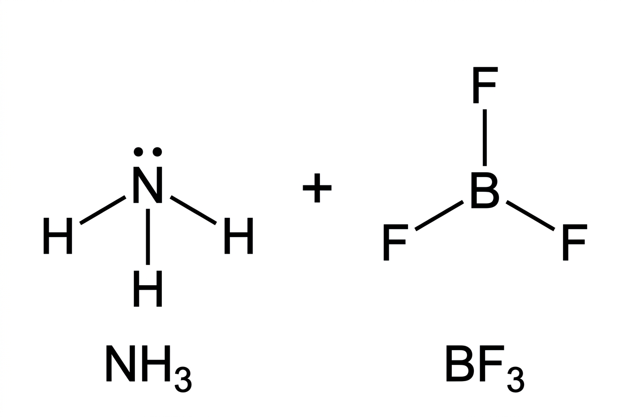 Lewis structures of separate reactants ammonia and boron trifluoride. Ammonia is shown with nitrogen bonded to three hydrogens and one lone pair. Boron trifluoride is shown as trigonal planar with boron bonded to three fluorine atoms and no coordinate bond between the reactants.