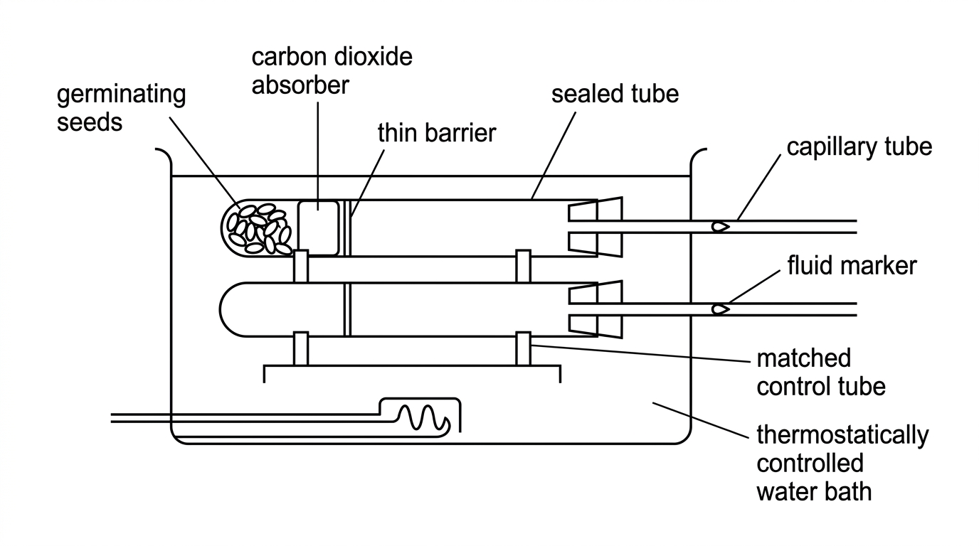A respirometer with germinating seeds, carbon dioxide absorber, capillary tube and fluid marker in a thermostatically controlled water bath, alongside a matched control tube; labels for key components but no numerical readings.