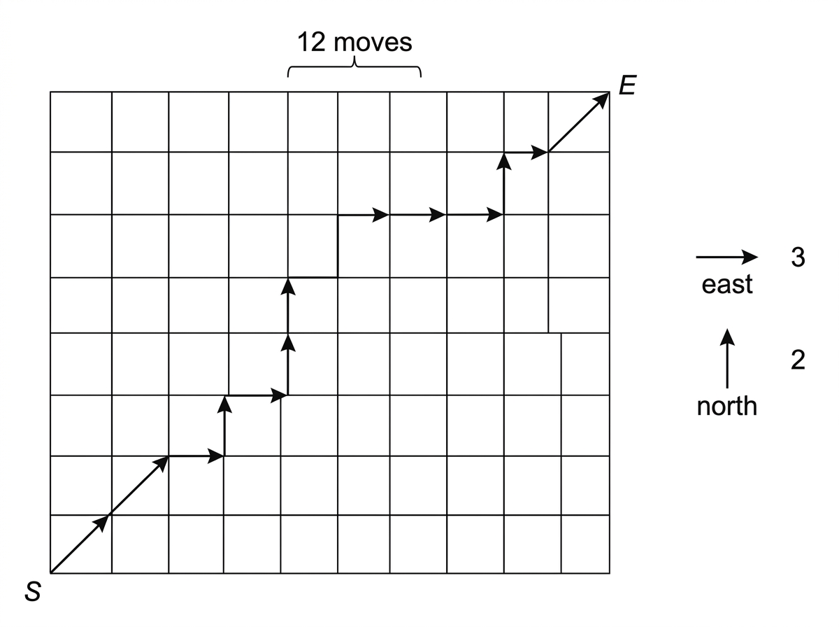 A simple grid-route diagram showing a start point, an end point after 12 total moves, and examples of east and north moves labelled with weights 3 and 2 respectively.