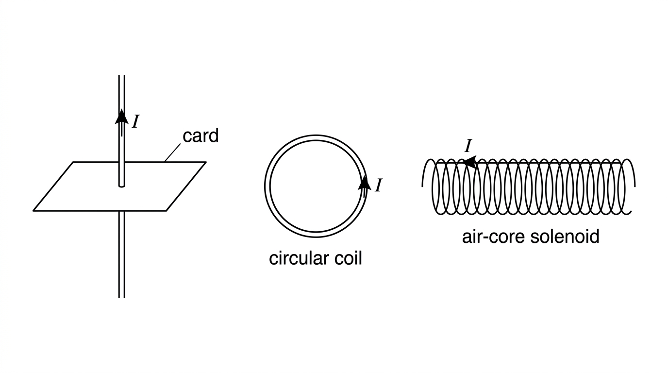 A composite diagram with three separate labelled apparatus sketches: a vertical straight wire passing through a card, a circular current-carrying coil viewed from the front, and a long air-core solenoid viewed from the side. Current directions are indicated on each apparatus. No magnetic field lines are drawn.