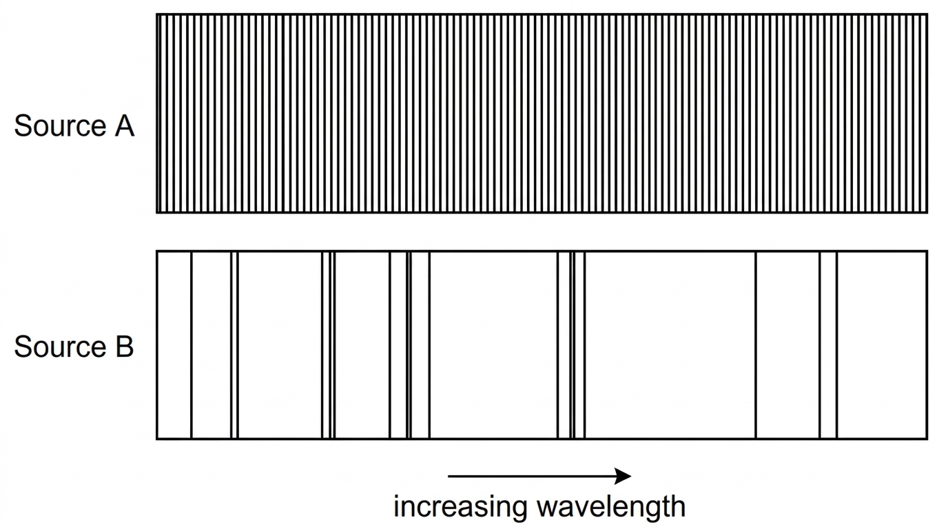 Two horizontal visible spectra labelled Source A and Source B; one shows a continuous rainbow band, the other shows several separated bright coloured lines on a dark background.