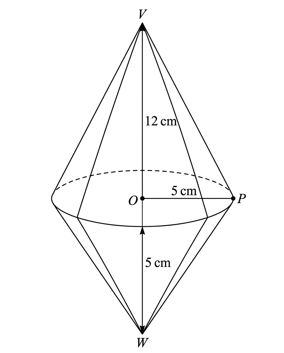 A double cone formed by two right circular cones sharing the same circular base. The longer cone extends upward from the common circular base, the shorter cone extends downward. The common radius, the two perpendicular heights, and one rim point P are indicated.