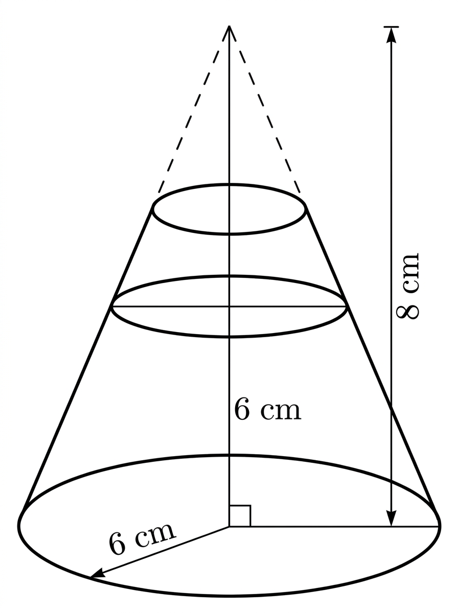 A right circular cone with base radius labelled $6\text{ cm}$ and perpendicular height labelled $8\text{ cm}$. Show exactly one horizontal cut plane parallel to the base, located $4\text{ cm}$ from the vertex, halfway along the perpendicular height. Show the smaller cone from the vertex to this cut as removed using dashed outlines, and show the remaining frustum from the cut to the original base. Do not show any additional internal horizontal cut or ellipse. Include only one clearly attached radial label $6\text{ cm}$ and the vertical height label $8\text{ cm}$; do not include any additional $6\text{ cm}$ label.