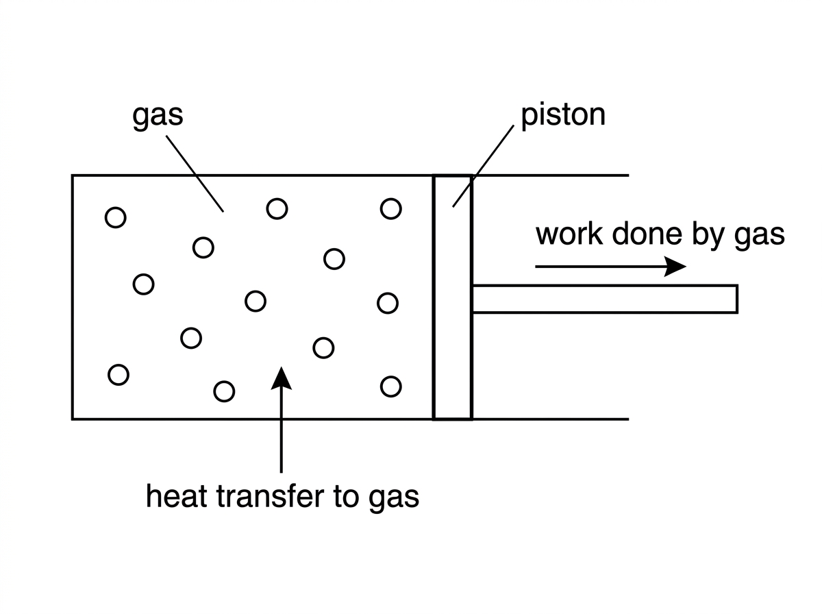 A cylinder with a movable piston containing gas. Arrows indicate heating of the gas and outward motion of the piston. Labels include gas, piston, heat transfer to gas, and work done by gas.