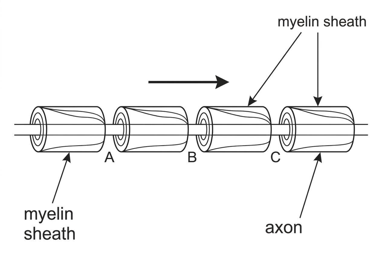 A longitudinal diagram of a myelinated axon showing repeating myelin sheath segments wrapped around the axon and exposed gaps between segments. Arrows show the general direction of impulse propagation along the axon. The gaps are labelled with letters only, not with their names.