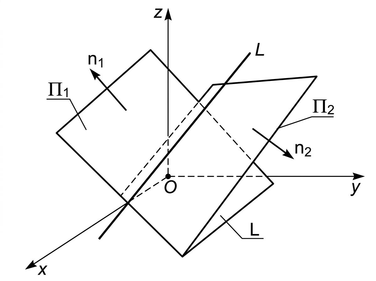 A three-dimensional sketch of two non-parallel planes $\Pi_1$ and $\Pi_2$ intersecting in a single line $L$. Show the normals to both planes and highlight the line of intersection. Label the intersection line $L$ exactly once; do not include a second $L$ label or any leader pointing to a plane boundary.