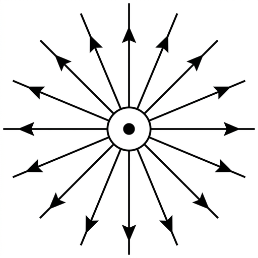 A top-view option diagram showing a small central circle representing the wire with a dot or upward-current label at the centre. Several straight magnetic field lines radiate outward from the wire with arrowheads pointing away from the centre. The diagram is clean black line art on a white background.