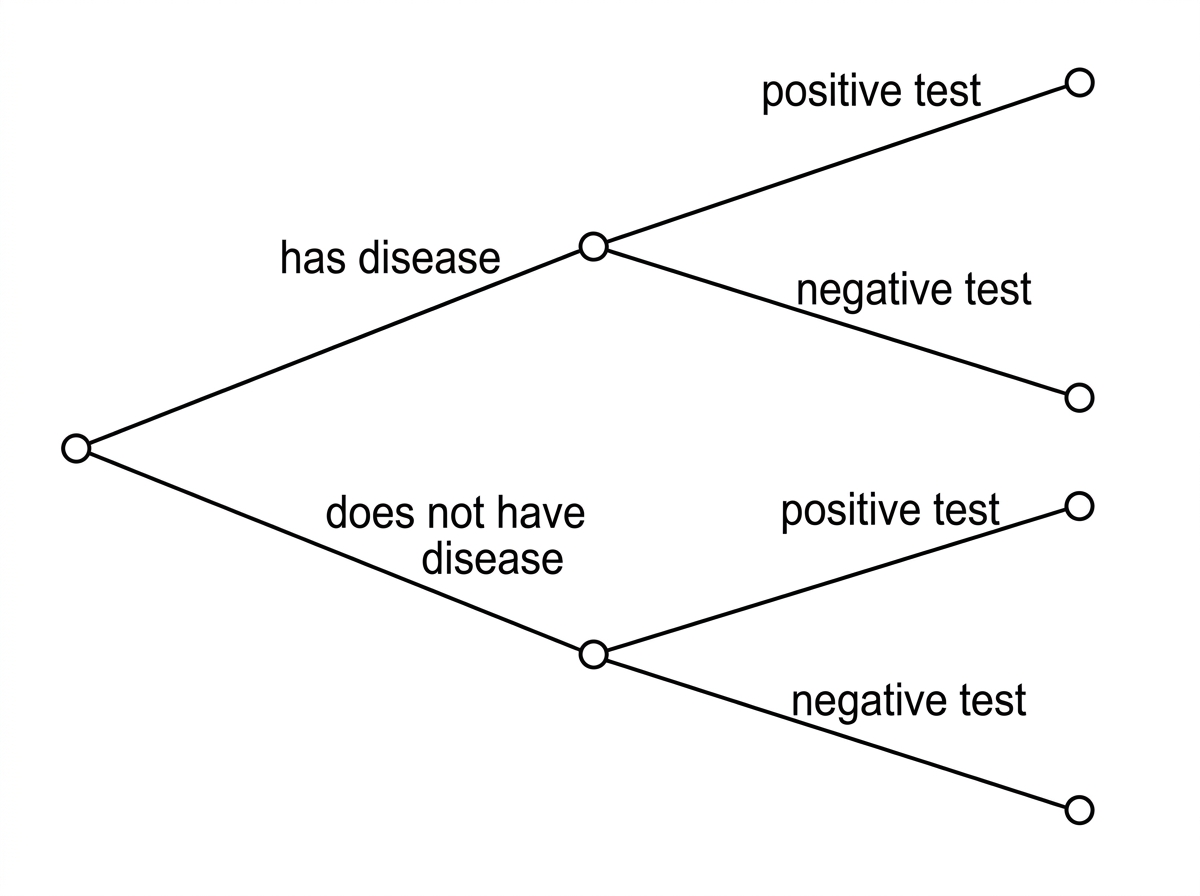 A two-stage probability tree. The first split is has disease and does not have disease, and the second split is positive test and negative test. Branch labels are shown without numerical probabilities.