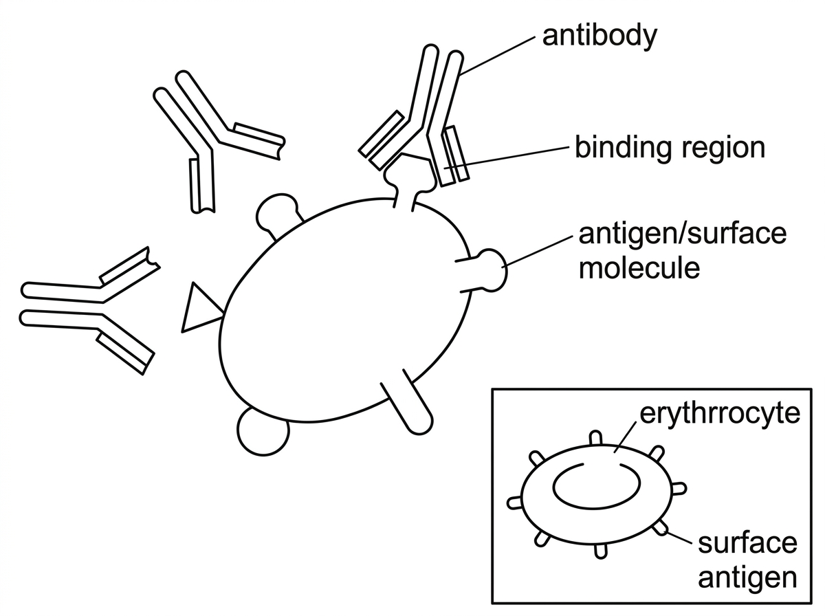A simplified molecular diagram showing several Y-shaped antibodies near a pathogen surface with differently shaped surface molecules. One antibody binding region fits one surface molecule, while other surface molecules have different shapes and do not fit. A separate small erythrocyte outline shows surface antigens but no blood group names.