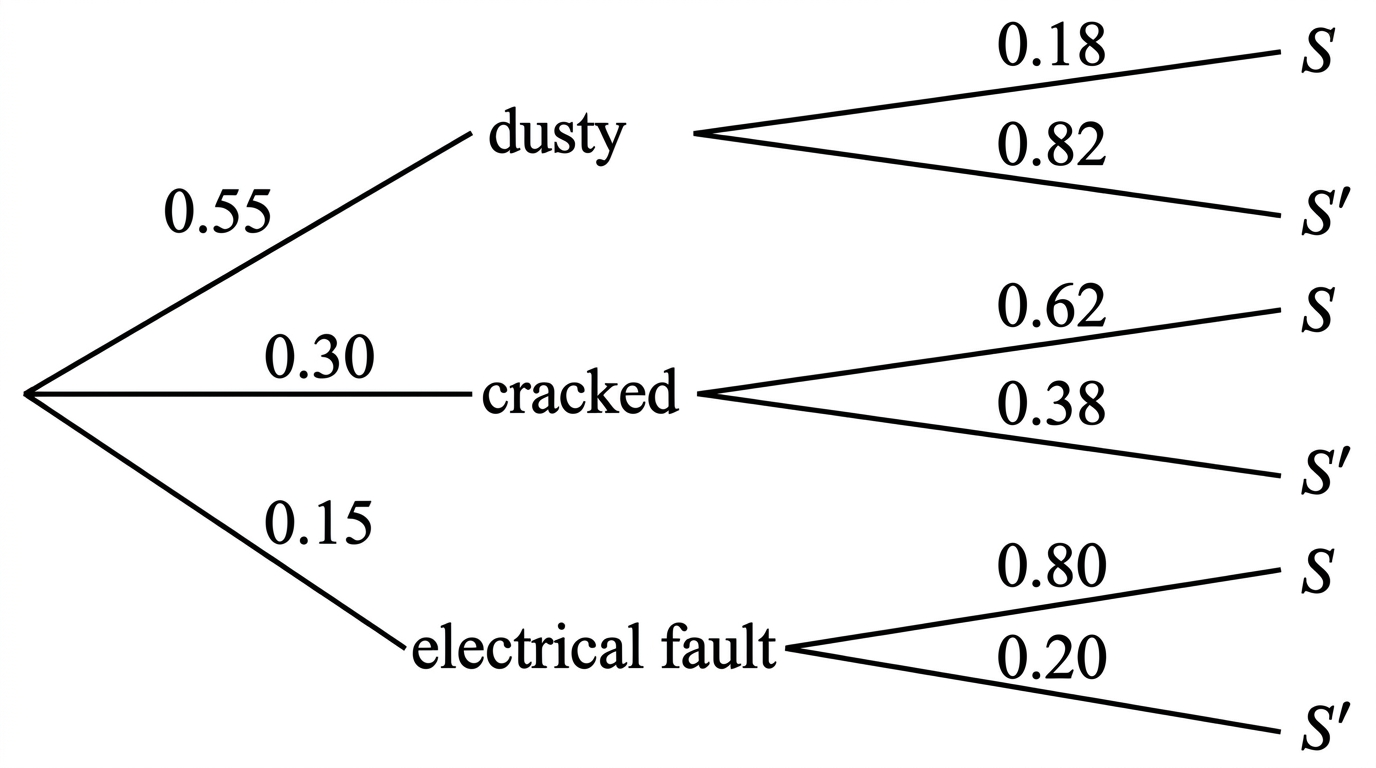 A two-stage probability tree for the drone inspection system. The first branches are labelled dusty, cracked and electrical fault; each then branches to warning signal and no warning signal. Branch labels are to be placed beside the branches, with no terminal probabilities shown.
