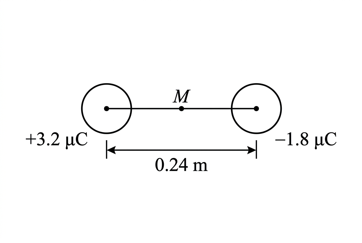 A horizontal line diagram showing two small labelled charged spheres separated by a dimension arrow. The left sphere is labelled $+3.2\ \mu\text{C}$, the right sphere is labelled $-1.8\ \mu\text{C}$, and the centre-to-centre separation is labelled $0.24\ \text{m}$. A point midway between the spheres is marked $M$ but no force or field arrows are shown.