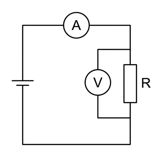A simple circuit diagram with a cell, an ammeter symbol in the main series loop with resistor R, and a voltmeter symbol connected in a separate parallel branch across R. Use standard circuit symbols and equal line weight.