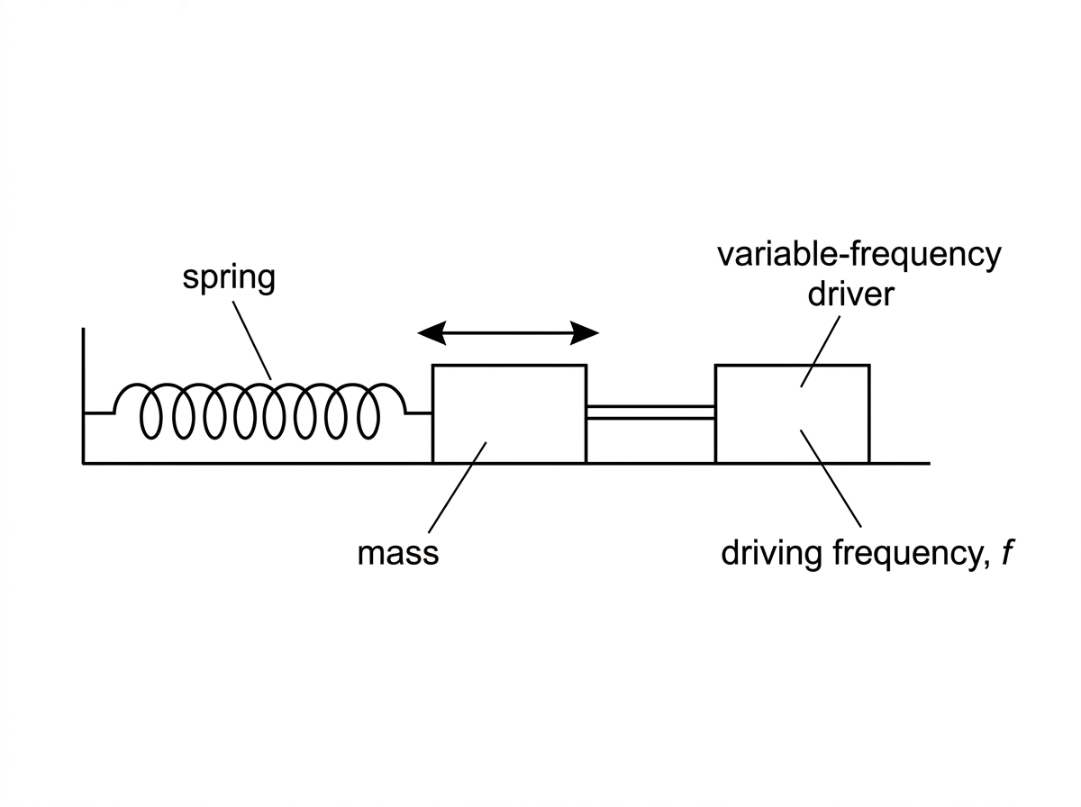 A mass attached to a horizontal spring and connected to a variable-frequency driver. The mass is shown oscillating along one axis. Labels identify spring, mass, driver and driving frequency.