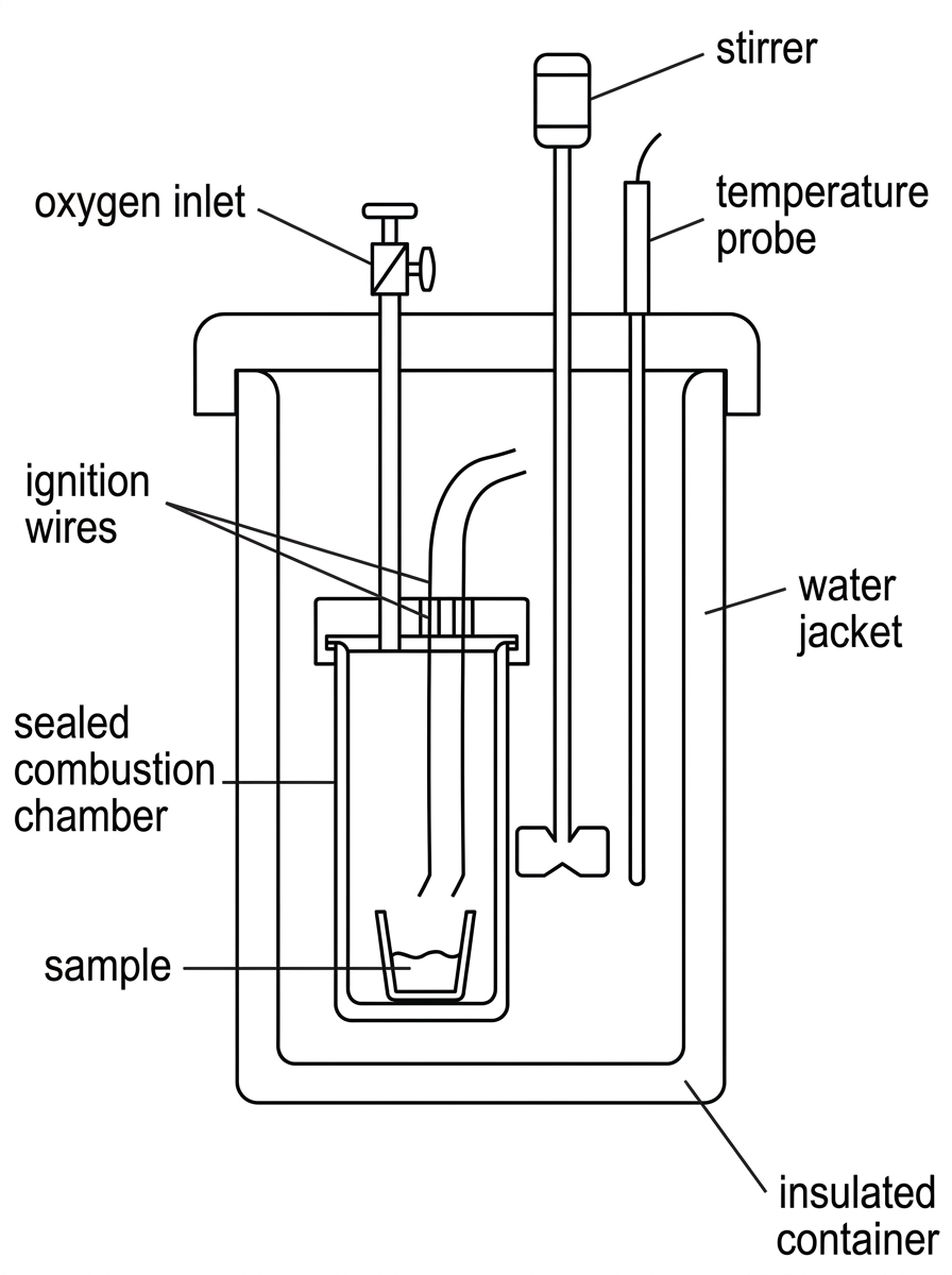 Simplified bomb calorimeter. The diagram shows a sealed strong combustion chamber containing a sample and oxygen, surrounded by water in an insulated container. Labels identify ignition wires, oxygen inlet or oxygen atmosphere, water jacket, stirrer and temperature probe. The diagram must not include numerical results.